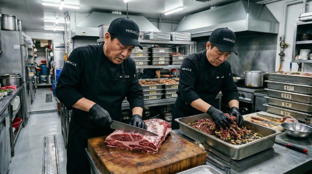 한우전문점 주방 작업